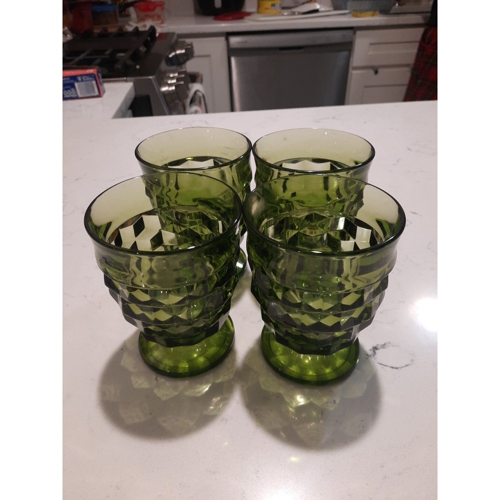 Vintage Set Of 4 Whitehall By Colony Green Glass 10 Oz Footed Tumblers